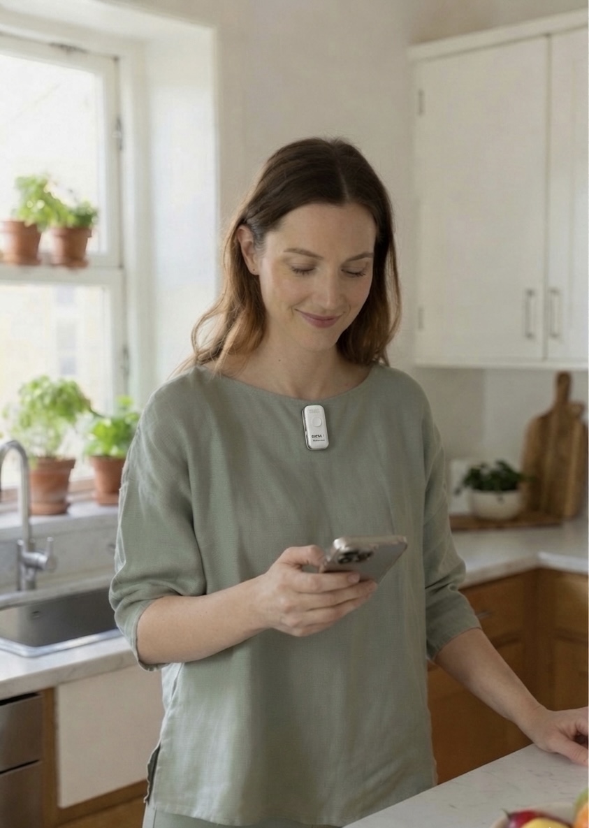 Woman wearing Biota1 in her kitchen during the day